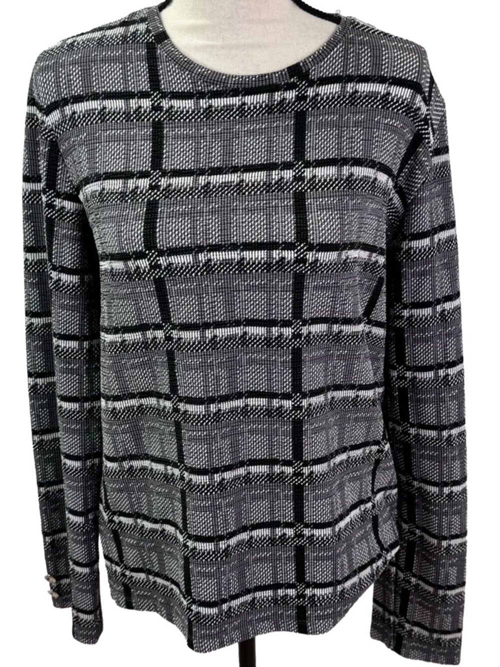 Zara Black White Plaid Knit Long Sleeve Top Size L Minimalist Chic NWOT